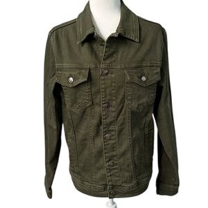 Zara Man Denim Jacket Dark Olive Green Button Front Utility Pockets Size Med NWT